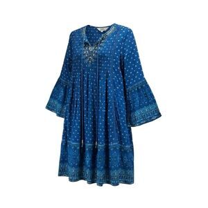 Label Ritu Kumar Festival Blue Embroidered Boho Dress Bell Sleeve Small